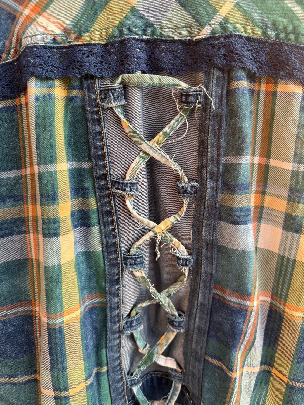 Thunder Brand Plaid Flannel Shirt with Lace and Denim Details - Picture 9 of 9